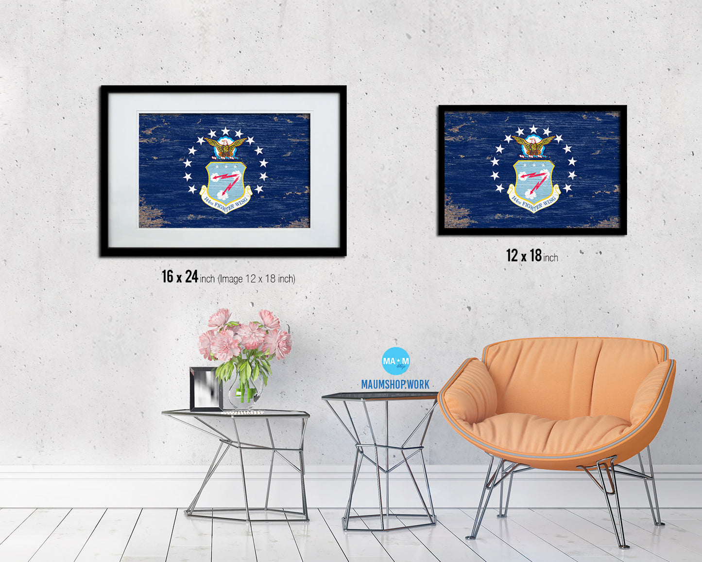 104th Fighter Wing Shabby Chic Emblem Flag Wood Framed Prints Wall Art Decor Gifts