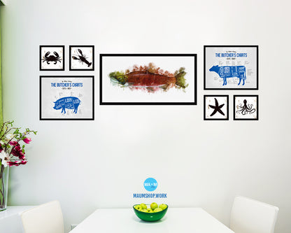 Sockeye Salmon Fish Art Wood Frame Modern Restaurant Sushi Wall Decor Gifts, 10" x 20"