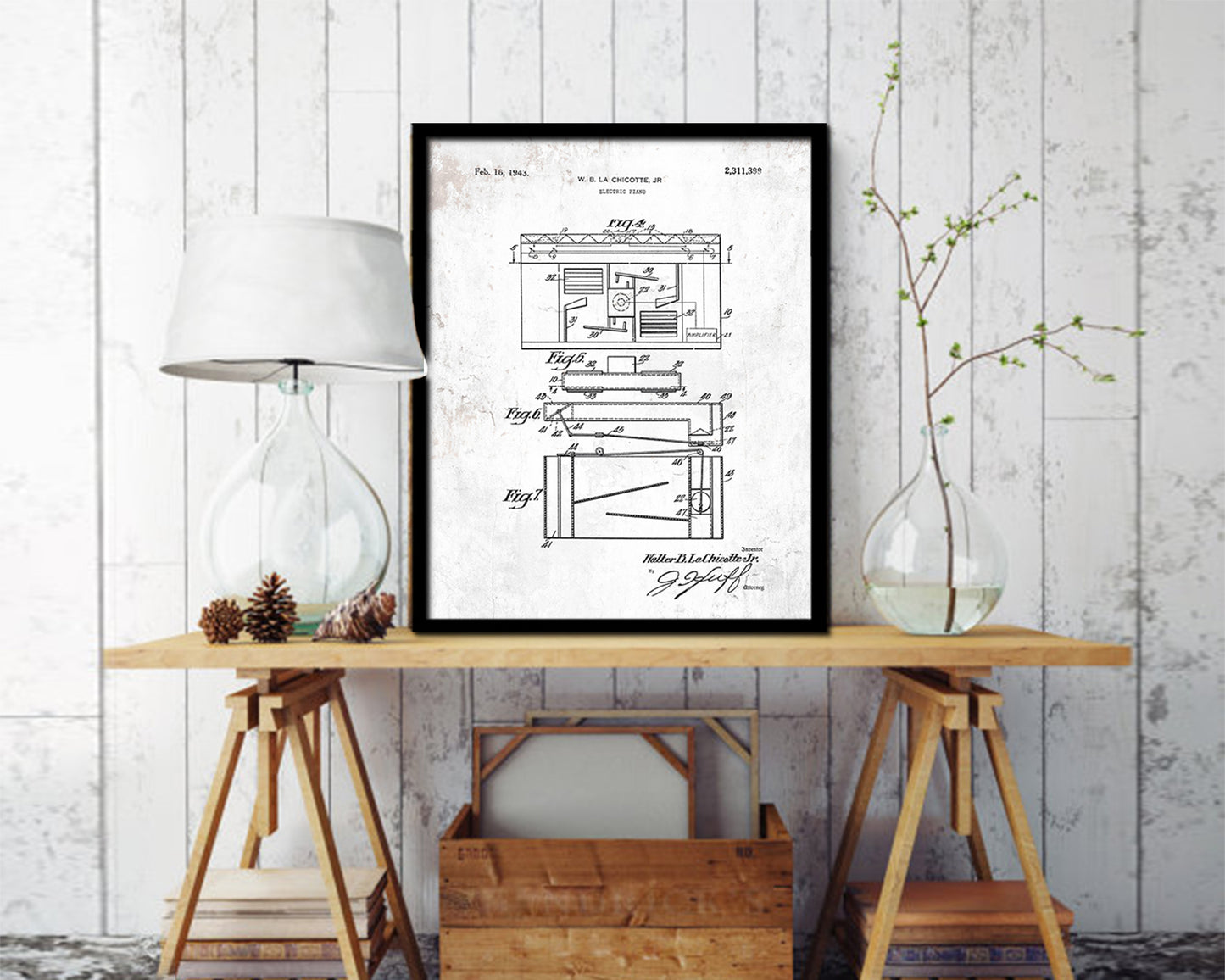 Piano Electric Music Vintage Patent Artwork Black Frame Print Wall Art Decor Gifts