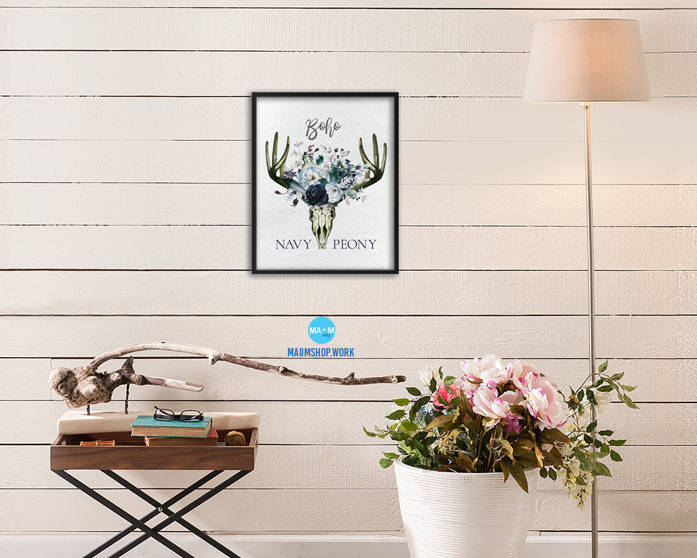 Boho Navy Peony Wood Framed Print Bohemian Girls Room Nursery Wall Art Decor Gifts
