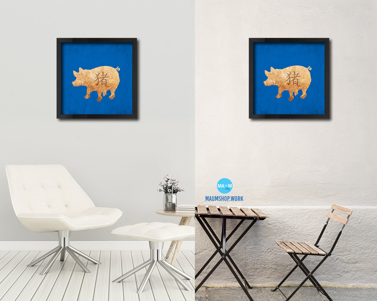 Pig Chinese Zodiac Character Wood Framed Print Wall Art Decor Gifts, Blue