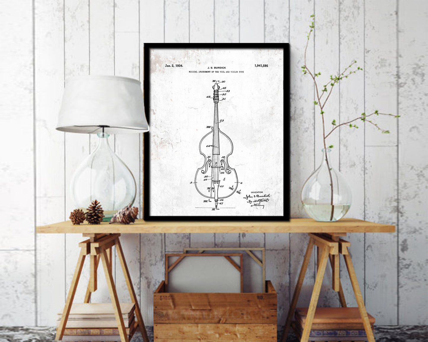 Violin Music Vintage Patent Artwork Black Frame Print Wall Art Decor Gifts