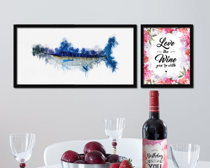 Blue Marlin Fish Art Wood Frame Modern Restaurant Sushi Wall Decor Gifts, 10" x 20"