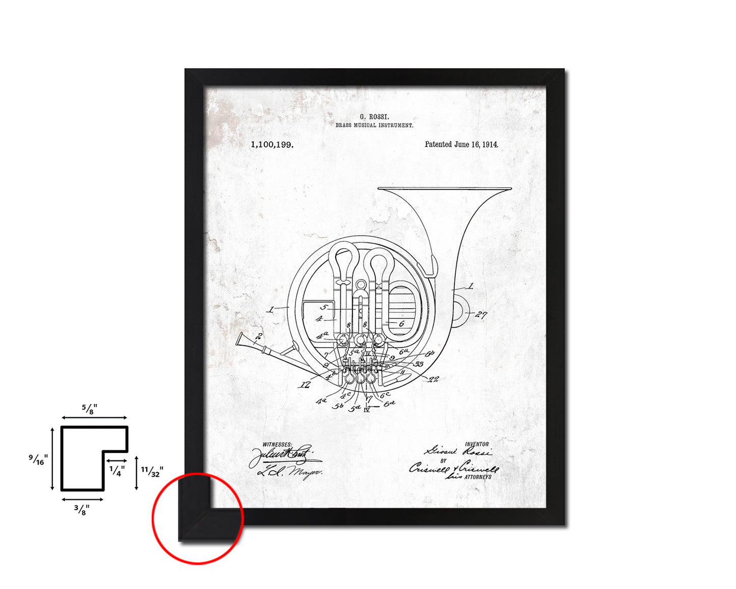 Horn Brass Musical Instrument Music Vintage Patent Artwork Black Frame Print Gifts