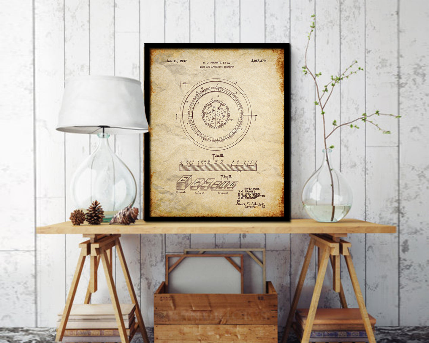Roulette Table Game Playing Card Vintage Patent Artwork Walnut Frame Gifts