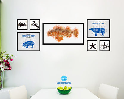 Scorpion Fish Art Wood Frame Modern Restaurant Sushi Wall Decor Gifts, 10" x 20"