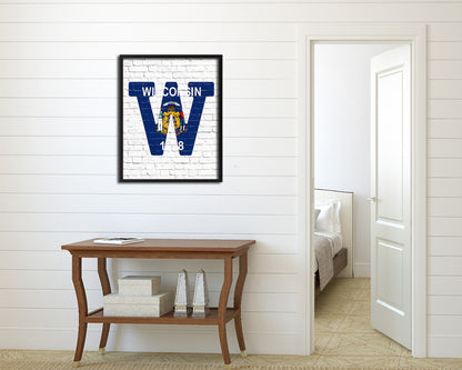 Wisconsin State Initial Flag Wood Framed Paper Print Decor Wall Art Gifts, Brick