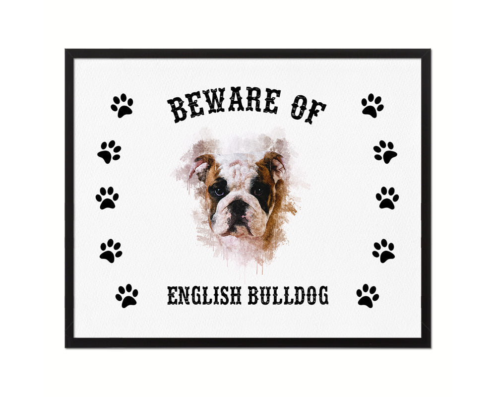 Beware of English Bulldog Sign Wood Framed Print Wall Art Decor Gifts
