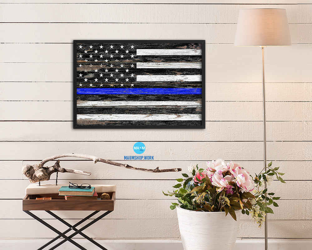 Thin Blue Line Honoring Law Enforcement American Wood Rustic Flag Framed Print Art
