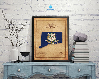 Connecticut State Vintage Map Wood Framed Paper Print  Wall Art Decor Gifts