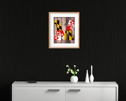 Maryland State Initial Flag Wood Framed Paper Print Decor Wall Art Gifts, Wood