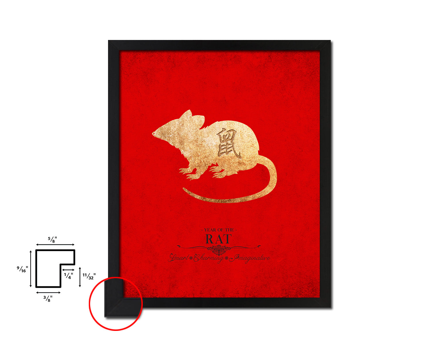 Rat Chinese Zodiac Character Black Framed Art Paper Print Wall Art Decor Gifts, Red
