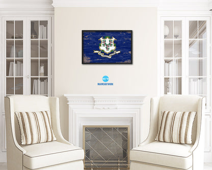 Connecticut State Shabby Chic Flag Wood Framed Paper Print  Wall Art Decor Gifts