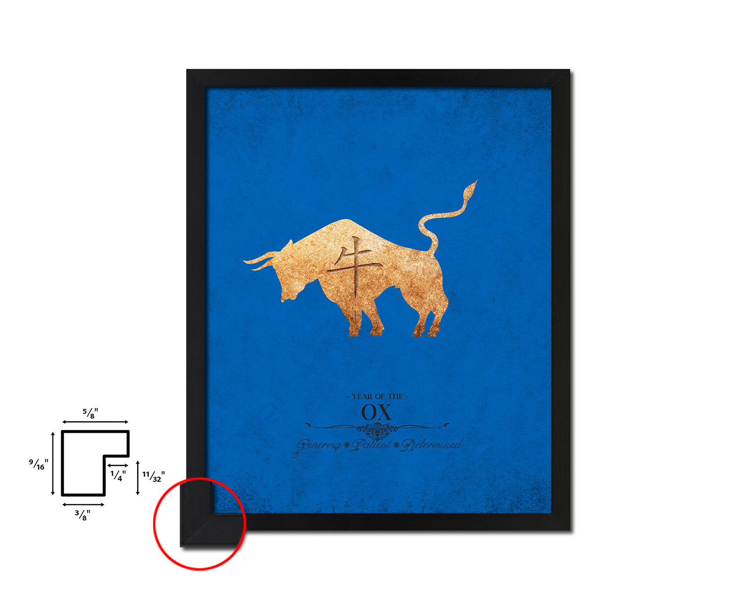 Ox Chinese Zodiac Character Black Framed Art Paper Print Wall Art Decor Gifts, Blue