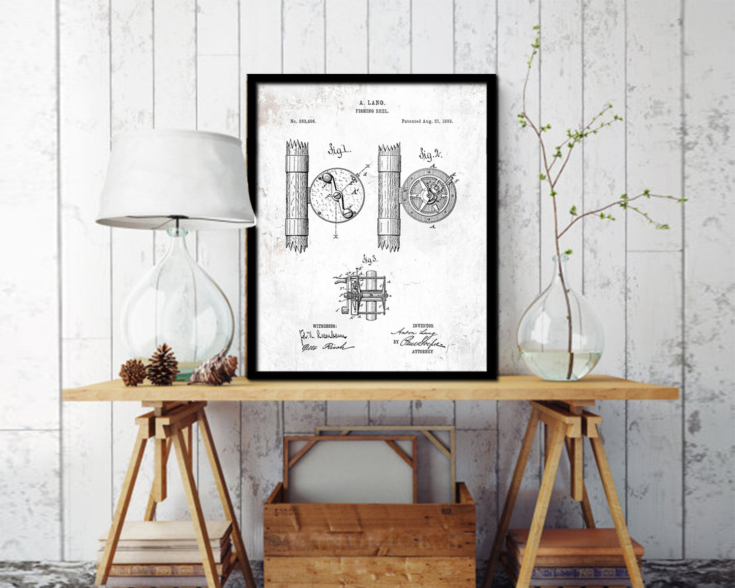 Reel Fishing Vintage Patent Artwork Black Frame Print Wall Art Decor Gifts