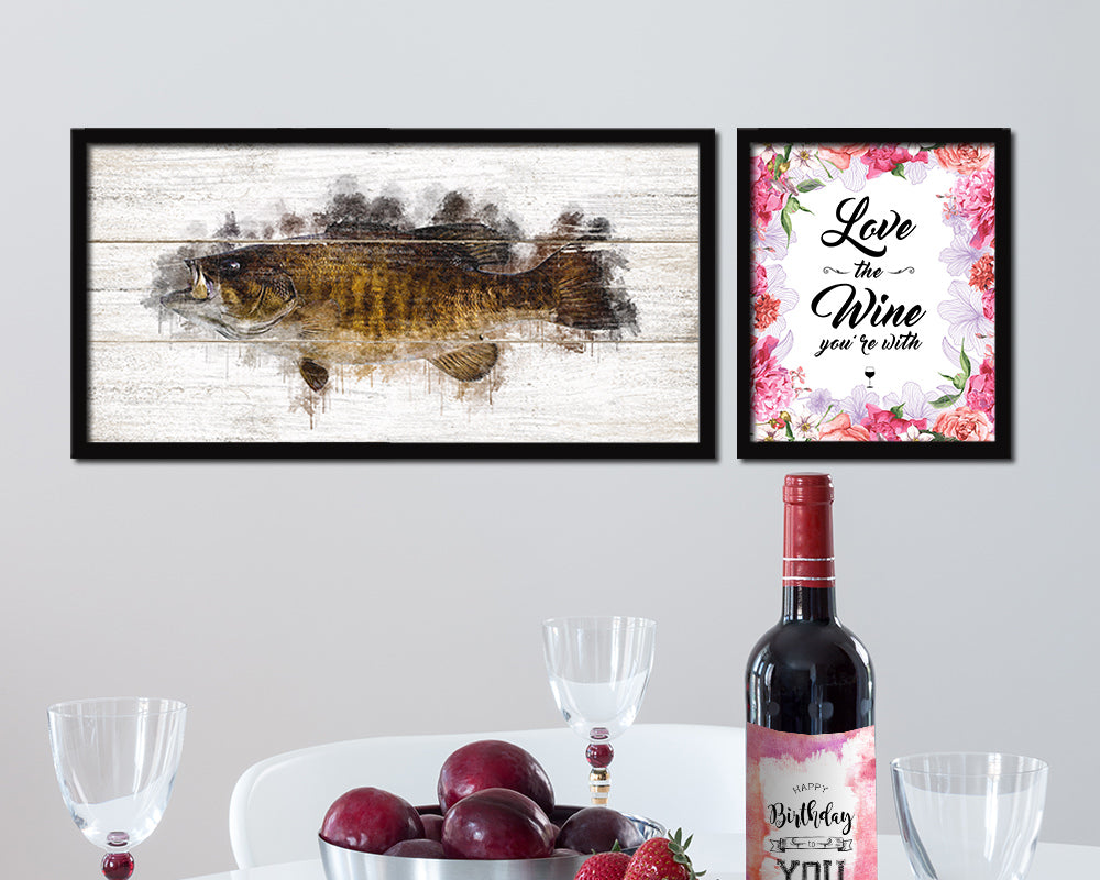 Smallmouth Bass Fish Art Wood Framed White Wash Restaurant Sushi Wall Decor Gifts, 10" x 20"