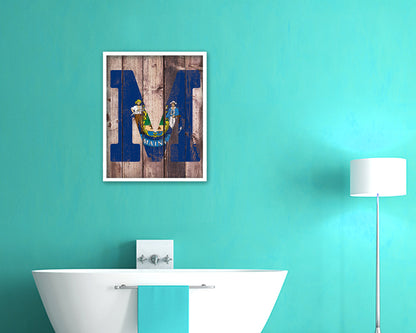 Maine State Initial Flag Wood Framed Paper Print Decor Wall Art Gifts, Wood