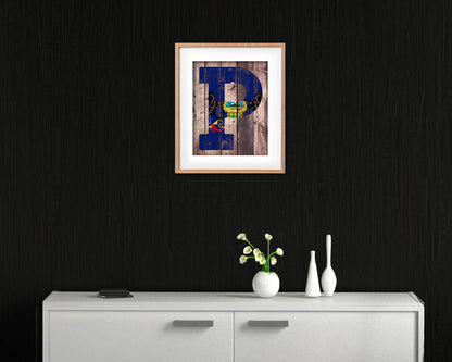 Pennsylvania State Initial Flag Wood Framed Paper Print Decor Wall Art Gifts, Wood
