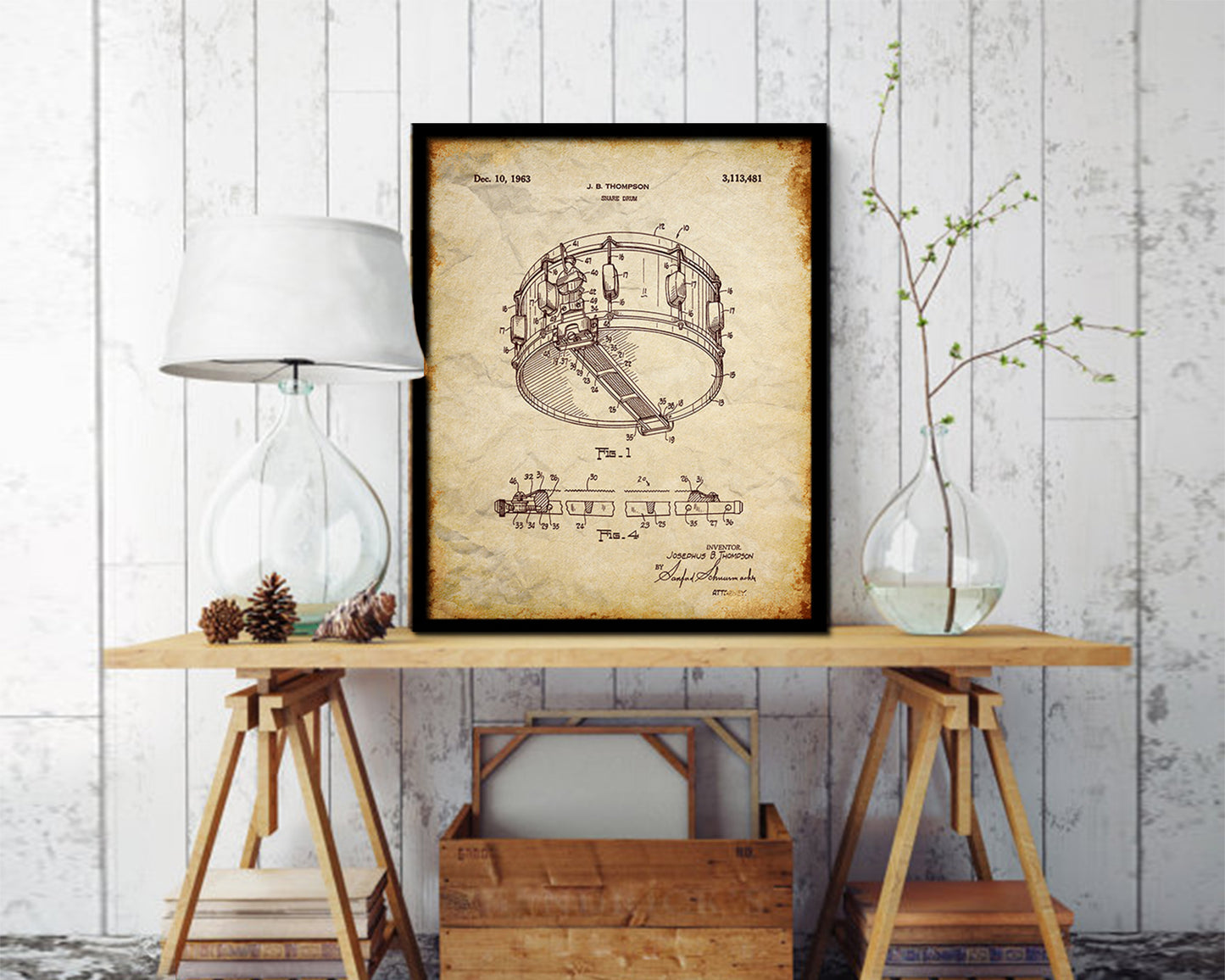 Snare Drum Music Vintage Patent Artwork Walnut Frame Print Wall Art Decor Gifts