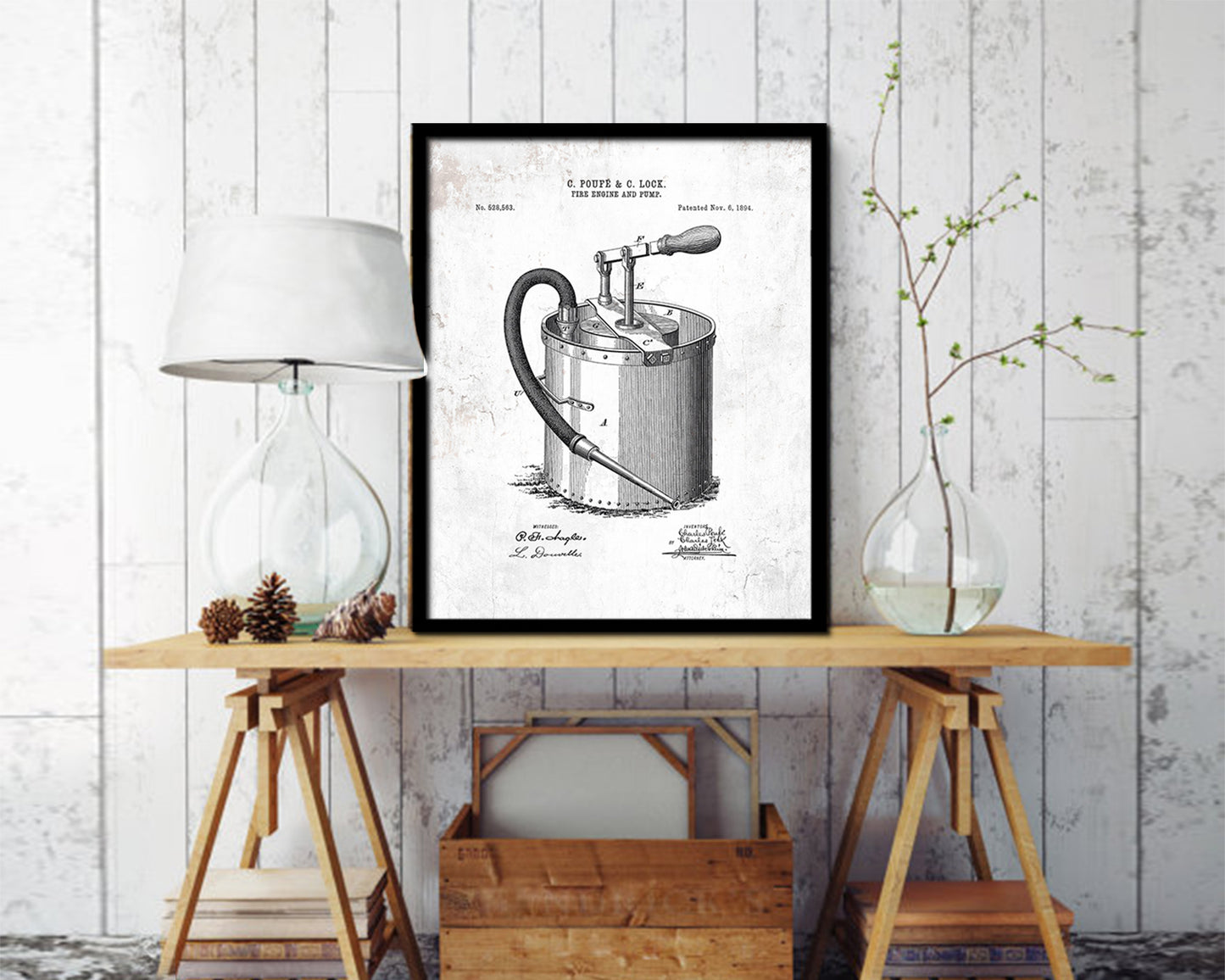 Fire Engine and Pump Firefighter Vintage Patent Artwork Black Frame Print Gifts