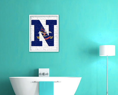 North Dakota State Initial Flag Wood Framed Paper Print Decor Wall Art Gifts, Brick