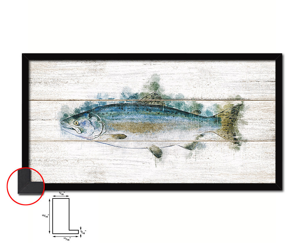 Pink Alaska Salmon Fish Art Wood Framed White Wash Restaurant Sushi Wall Decor Gifts, 10" x 20"