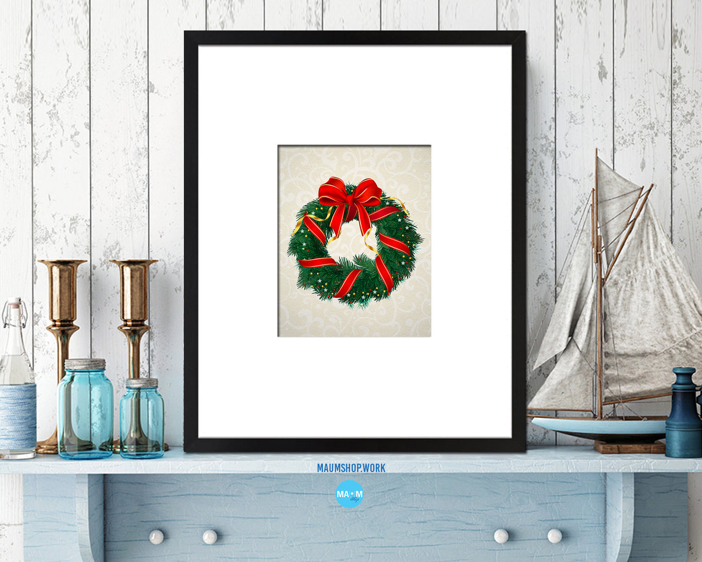 Christmas Wreath Holiday Season Gifts Wood Framed Print Home Decor Wall Art