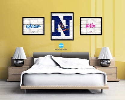North Dakota State Initial Flag Wood Framed Paper Print Decor Wall Art Gifts, Brick