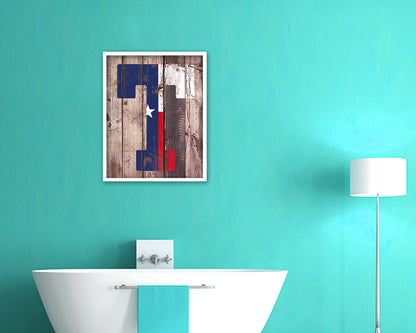 Texas State Initial Flag Wood Framed Paper Print Decor Wall Art Gifts, Wood