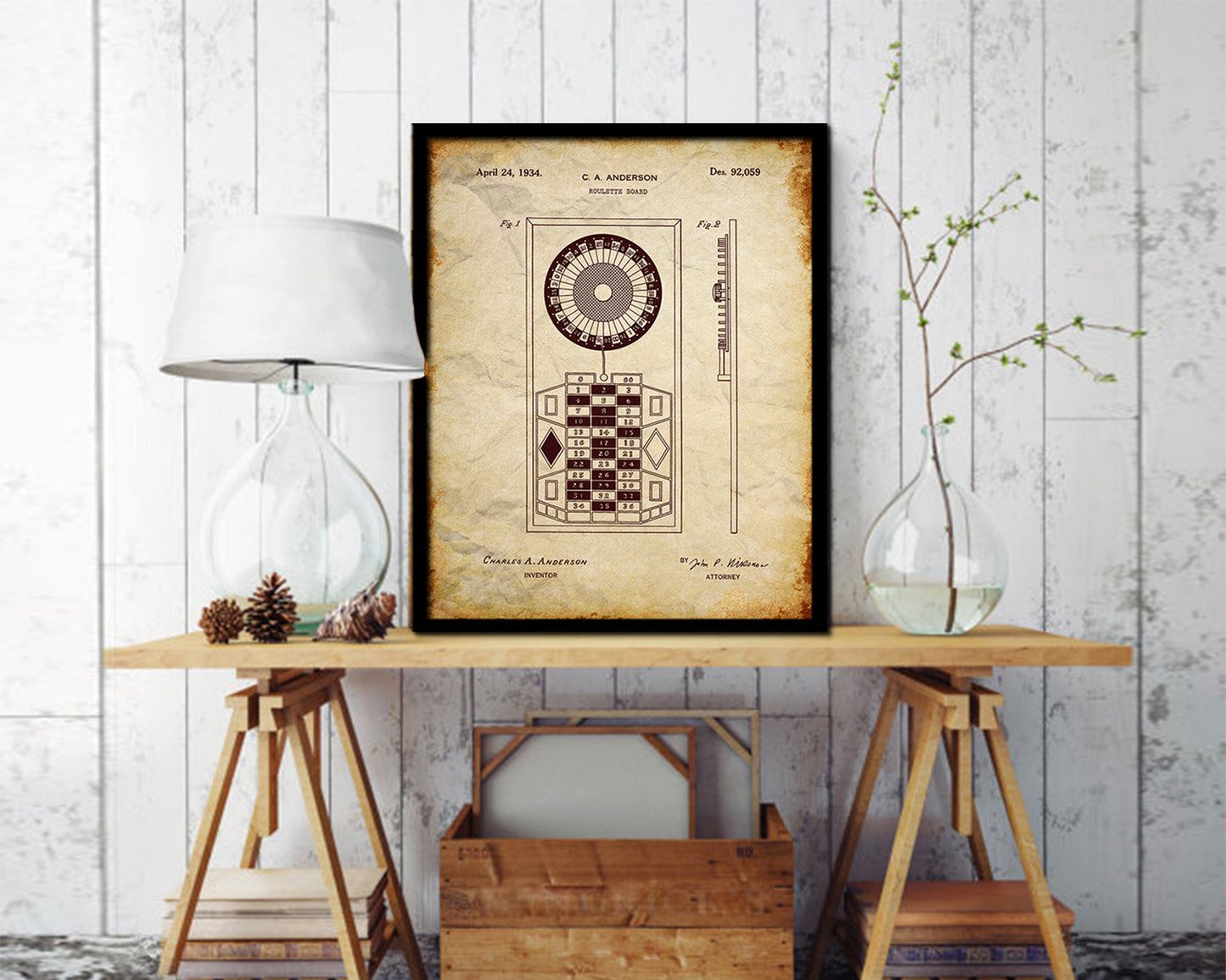 Roulette Board Wheels Playing Card Vintage Patent Artwork Walnut Frame Gifts