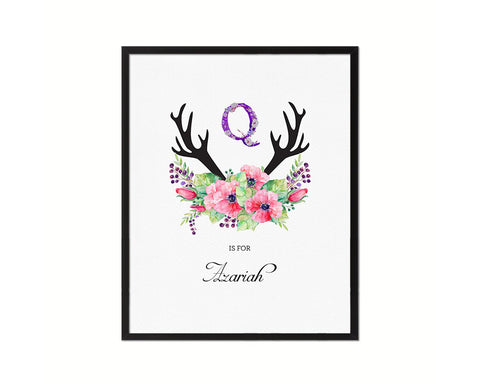 Initial Letter Q Watercolor Floral Boho Monogram Art Framed Print Baby Girl Room Wall Decor Gifts