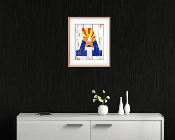 Arizona State Initial Flag Wood Framed Paper Print Decor Wall Art Gifts, Beach