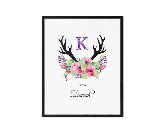 Initial Letter K Watercolor Floral Boho Monogram Art Framed Print Baby Girl Room Wall Decor Gifts
