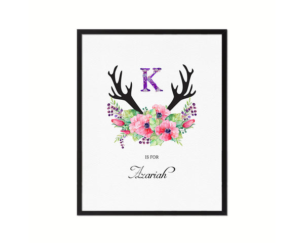 Initial Letter K Watercolor Floral Boho Monogram Art Framed Print Baby Girl Room Wall Decor Gifts