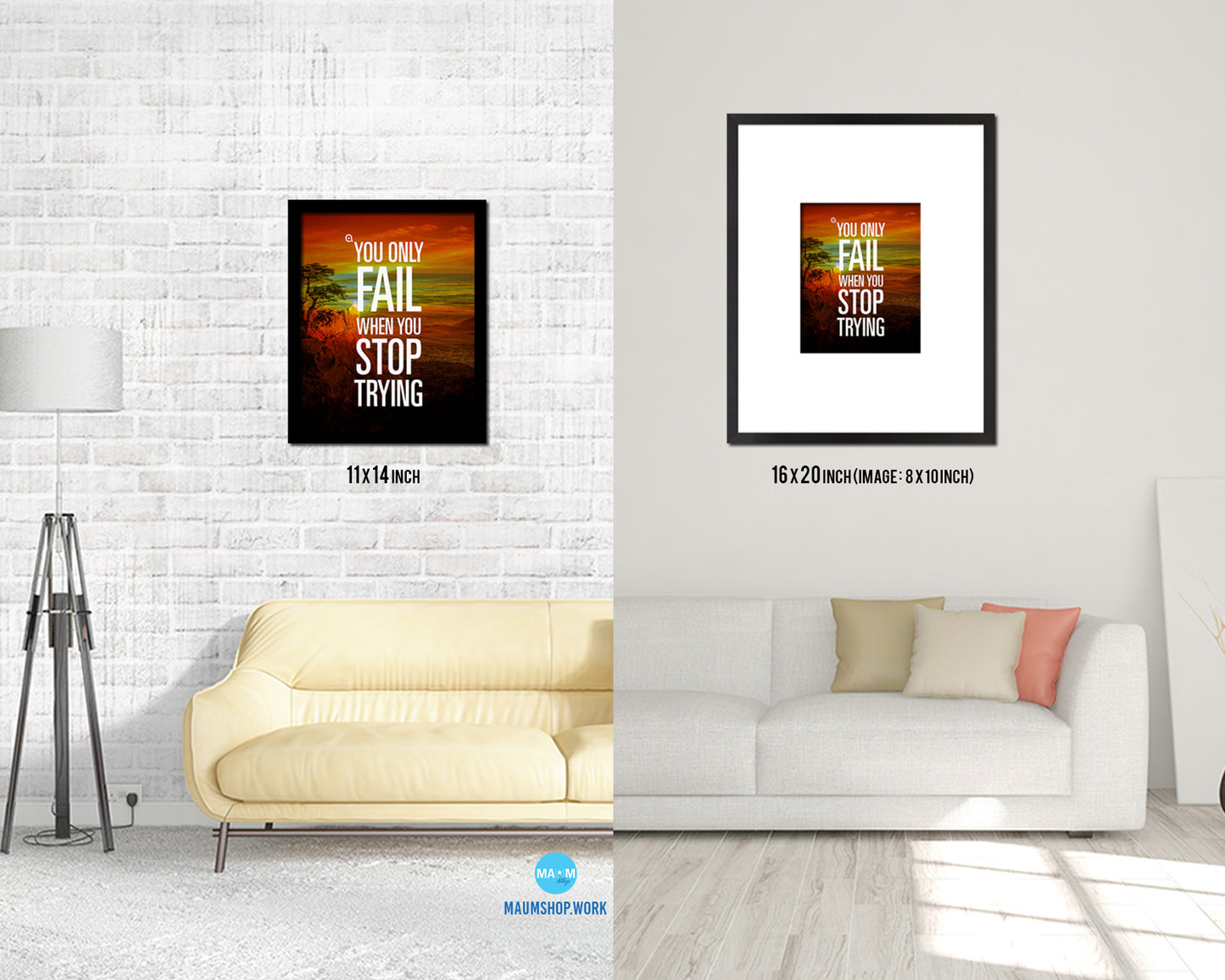 You only fail when you stop trying Quote Framed Print Wall Decor Art Gifts