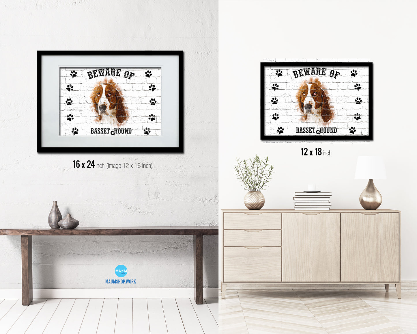 Beware of Basset Hound Sign Wood Framed Print Wall Art Decor Gifts