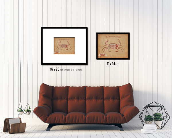 Crab  Meat Cuts Butchers Chart Wood Framed Paper Print Home Decor Wall Art Gifts