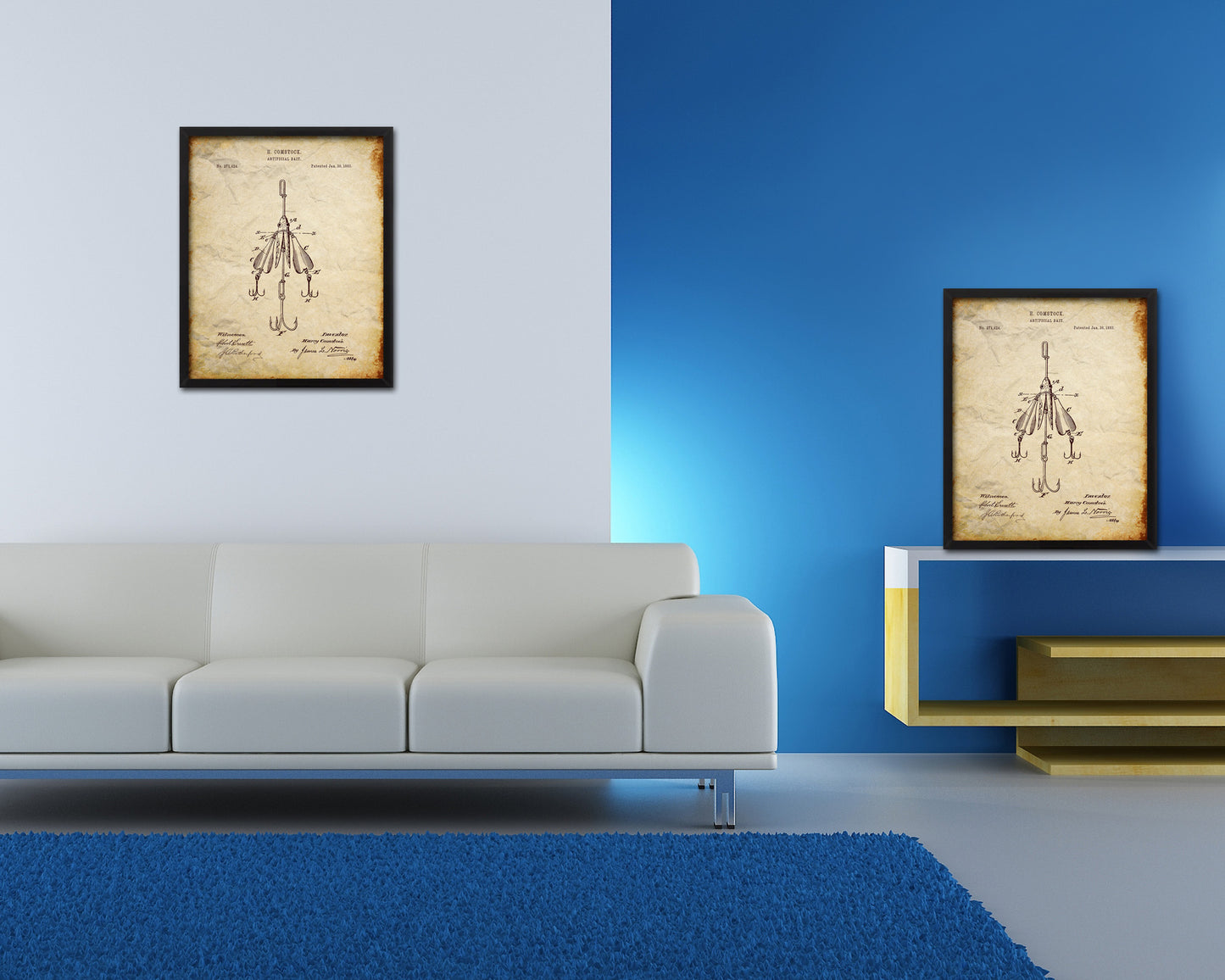 Artificial Bait Fishing Vintage Patent Artwork Walnut Frame Print Wall Art Decor Gifts
