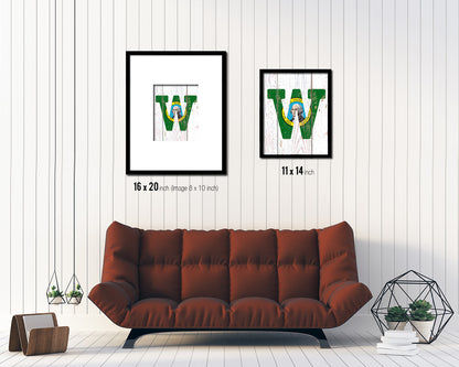Washington State Initial Flag Wood Framed Paper Print Decor Wall Art Gifts, Beach