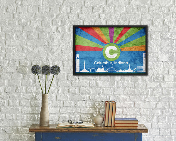 Columbus City Indiana State Vintage Flag Wood Framed Prints Decor Wall Art Gifts