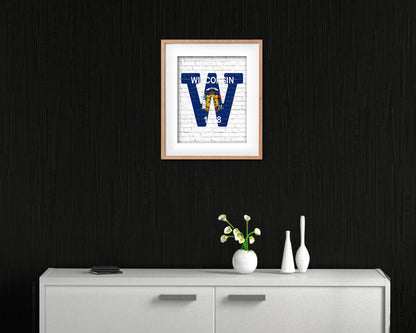 Wisconsin State Initial Flag Wood Framed Paper Print Decor Wall Art Gifts, Brick