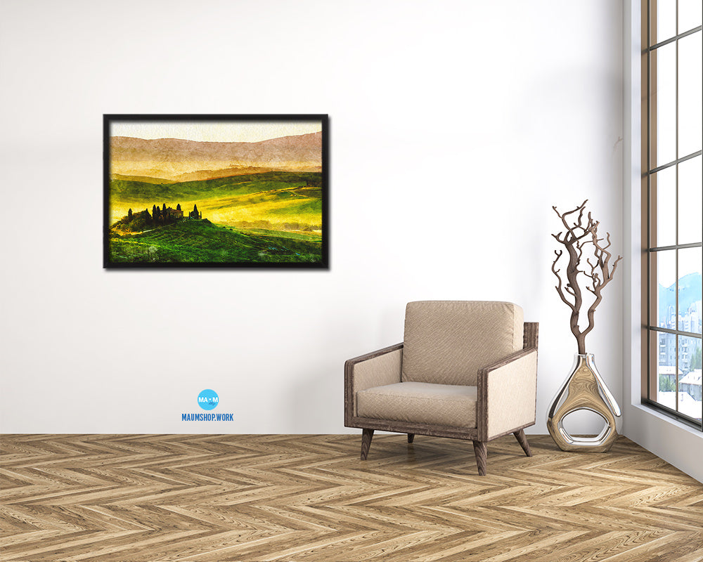 Tuscany, Italy, Landscape Panorama Hills, Meadow Vineyards Artwork Painting Print Art Frame Gifts