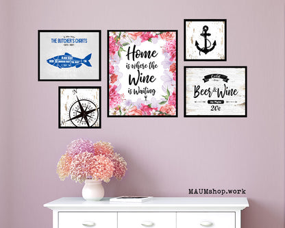 Home is where the wine is waiting Quote Wood Framed Print Wall Decor Art Gifts