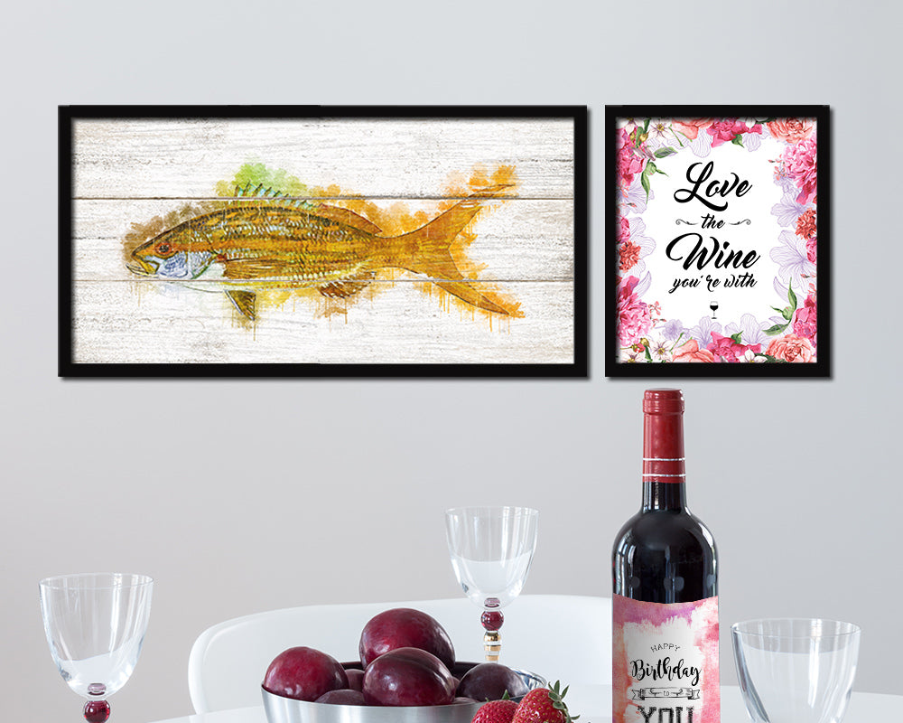 Yellowtail Snapper Fish Art Wood Framed White Wash Restaurant Sushi Wall Decor Gifts, 10" x 20"