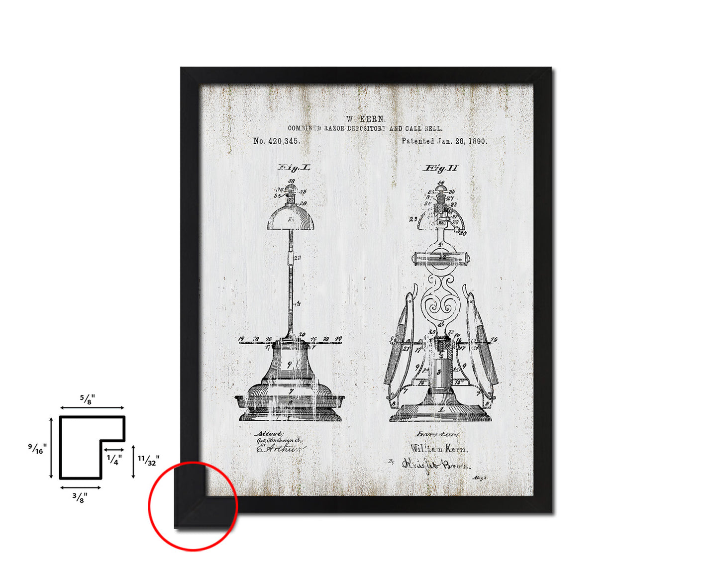 Razor Depository with Call Bell Barbershop Vintage Patent Artwork Black Frame Print Gifts