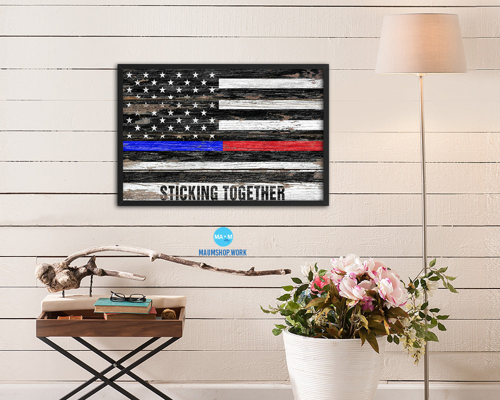 Thin Blue Line Police & Thin Red Line Firefighter Respect, Sticking Together Wood Rustic Flag Art
