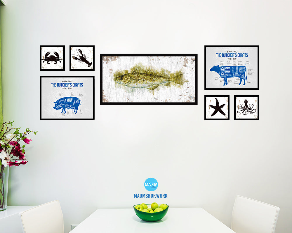 Cod Fish Art Wood Frame Shabby Chic Restaurant Sushi Wall Decor Gifts, 10" x 20"