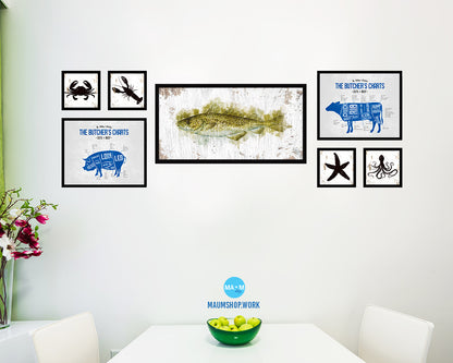 Cod Fish Art Wood Frame Shabby Chic Restaurant Sushi Wall Decor Gifts, 10" x 20"