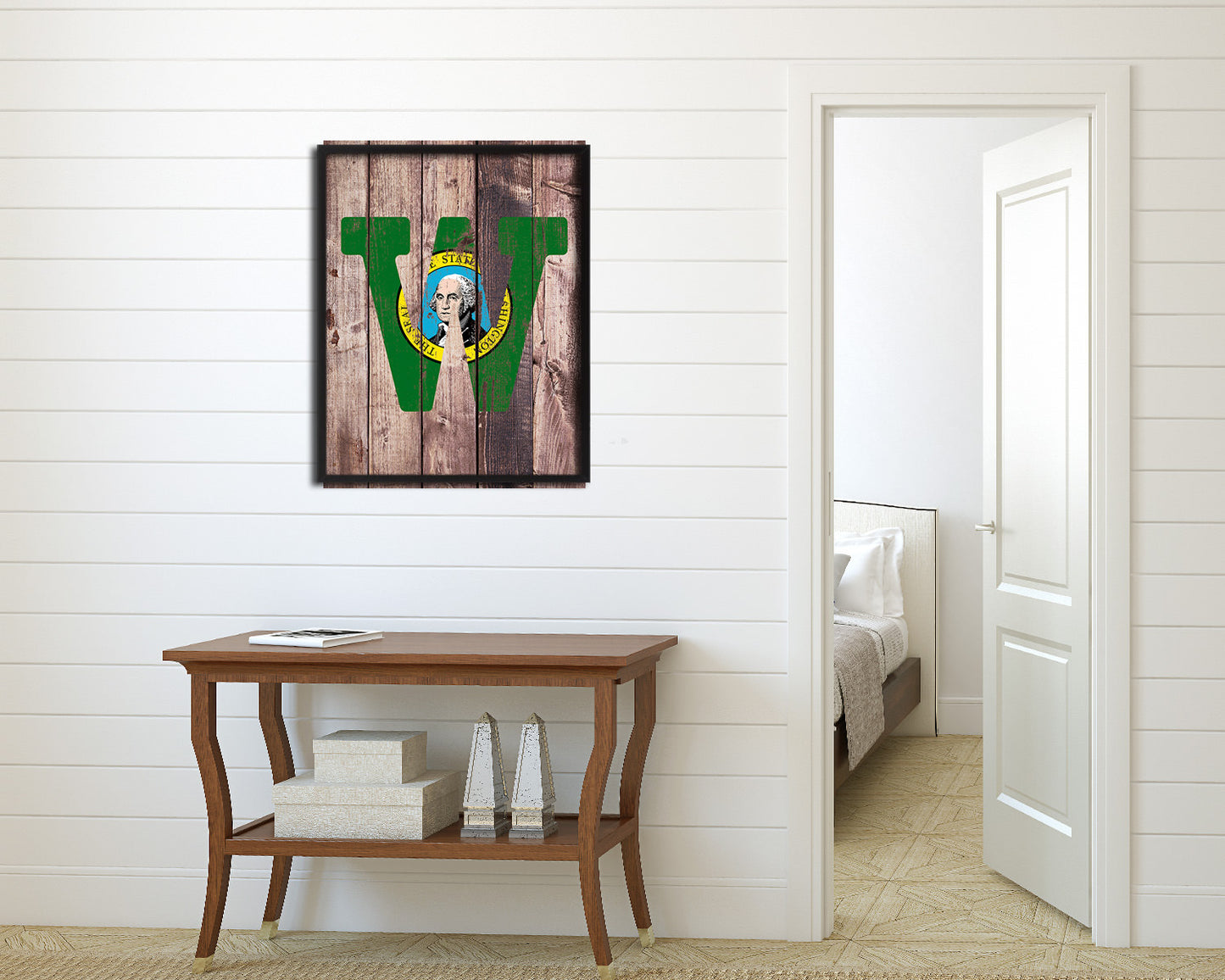 Washington State Initial Flag Wood Framed Paper Print Decor Wall Art Gifts, Wood