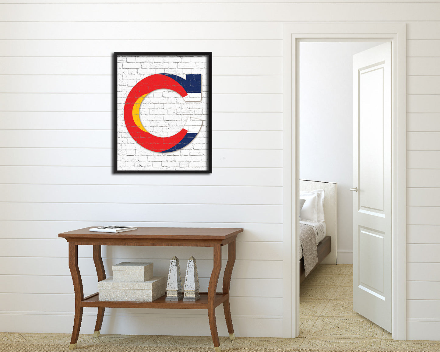 Colorado State Initial Flag Wood Framed Paper Print Decor Wall Art Gifts, Brick